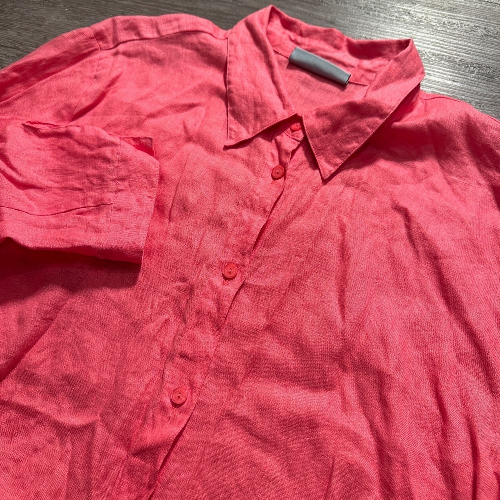 Marsh Landing Shirt Women L Pink 100% Linen Button Down Summer Vacation Coastal